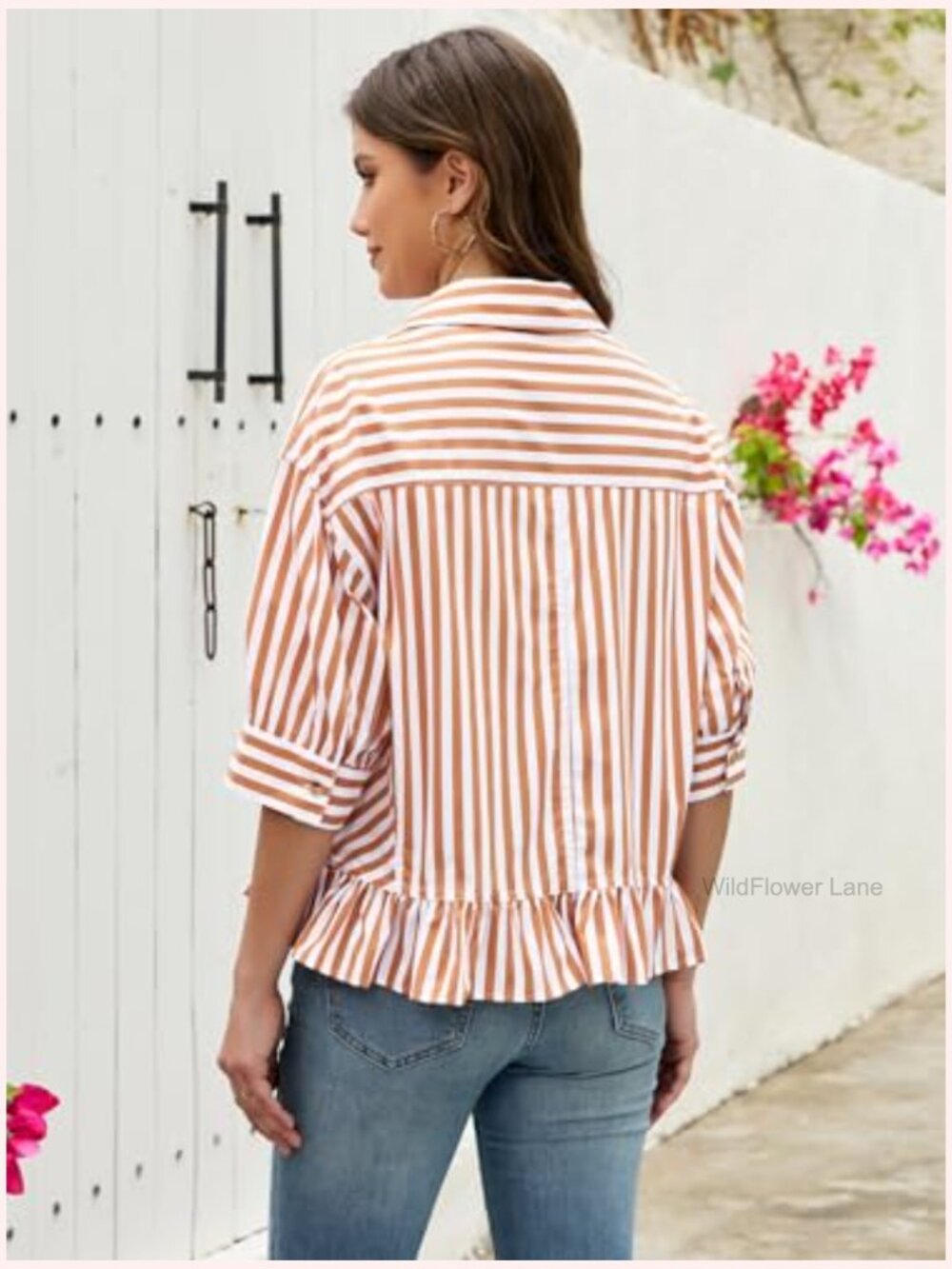 Cropped Striped Button Down Shirt Half Sleeve Ruffle Bottom V Neck Blouse Top - Picture 6 of 7